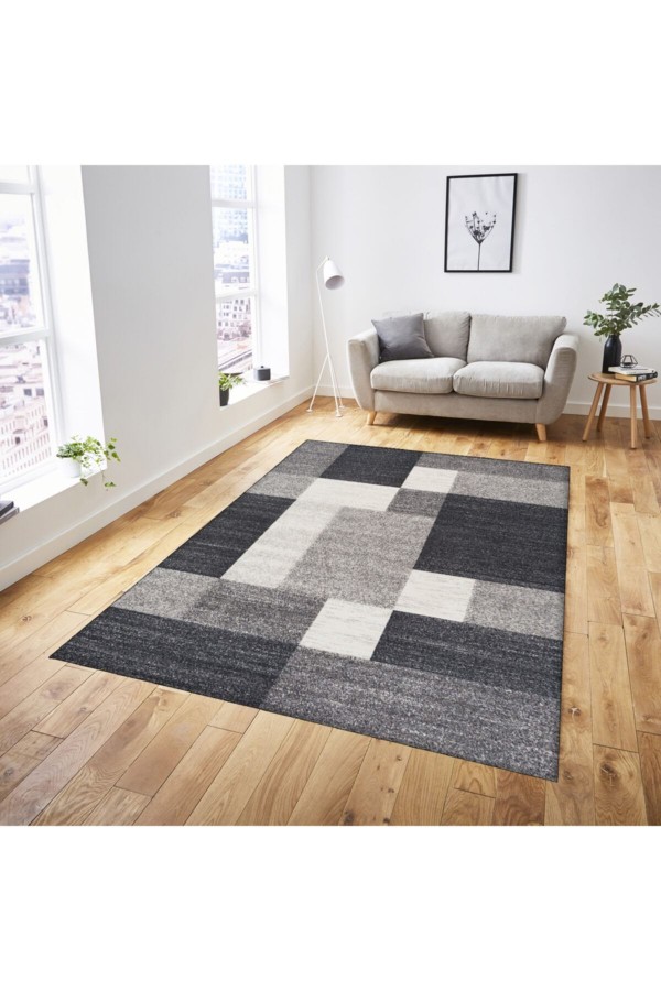 Gri Siyah Kutular Patchwork Desenli Makinede Yıkanabilir Kaymaz Taban Halı