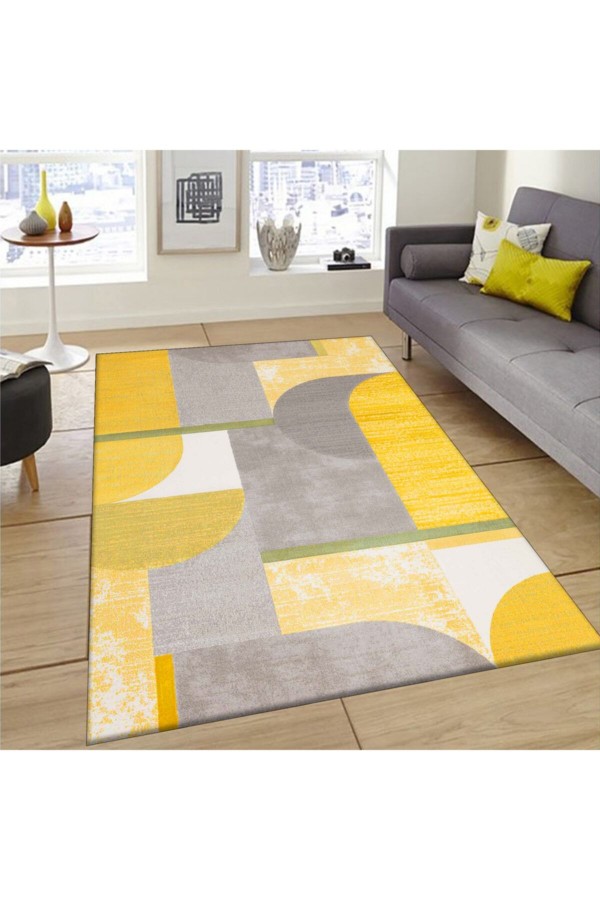 Sarı Gri Geometrik Desenli Makinede Yıkanabilir Kaymaz Taban Halı Sarı Gri Geometrik Desenli Makinede Yıkanabilir Kaymaz Taban Halı