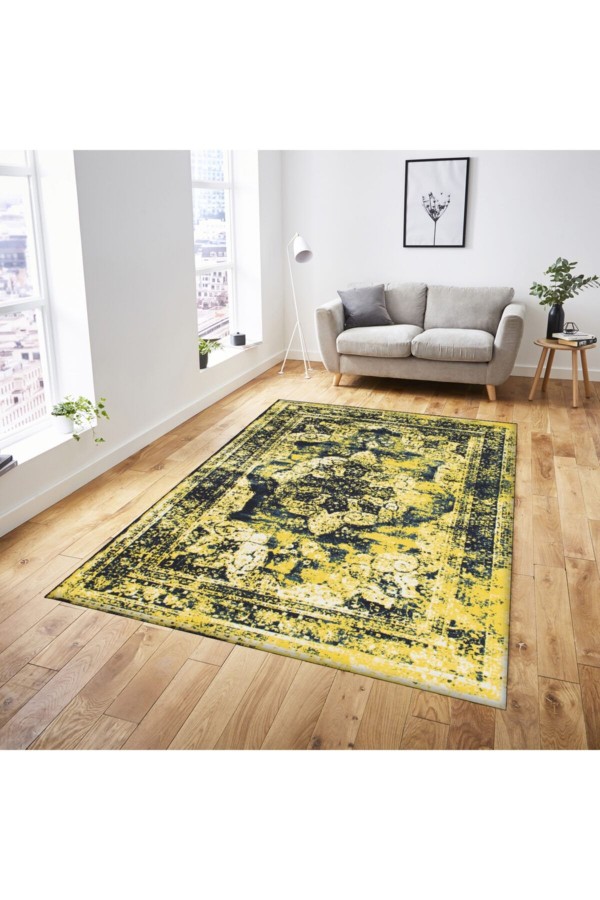 Sarı Siyah Eskitme Otantik Desenli Makinede Yıkanabilir Kaymaz Taban Halı Sarı Siyah Eskitme Otantik Desenli Makinede Yıkanabilir Kaymaz Taban Halı