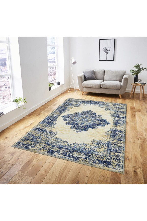 Mavi Sarı Eskitme Otantik Desenli Makinede Yıkanabilir Kaymaz Taban Halı Mavi Sarı Eskitme Otantik Desenli Makinede Yıkanabilir Kaymaz Taban Halı