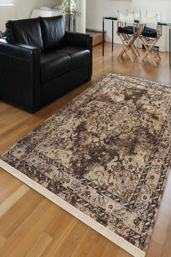 Else Kahverengi Otantik Klasik Dekoratif Saçaklı Ince Kilim Halı