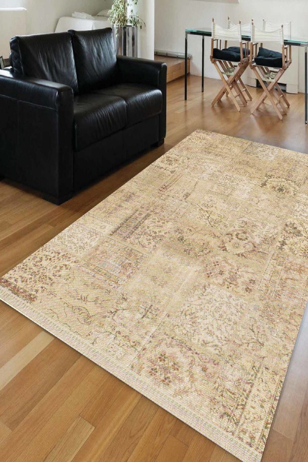 Else Sarı Eskitme Retro Klasik Dekoratif Saçaklı Ince Kilim Halı
