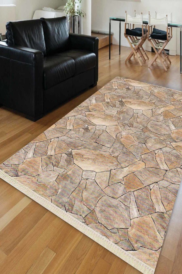Else Kahverengi Taş Duvar Retro Dekoratif Saçaklı Ince Kilim Halı