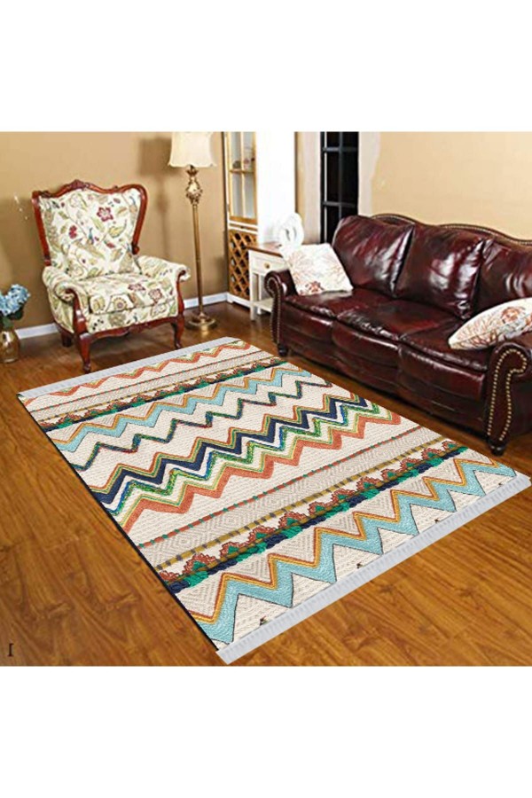 Else Turuncu Mavi Yeşil Zik Zak Çizgiler Geometrik Dekoratif Yıkanabilir Püsküllü Kilim Else Turuncu Mavi Yeşil Zik Zak Çizgiler Geometrik Dekoratif Yıkanabilir Püsküllü Kilim