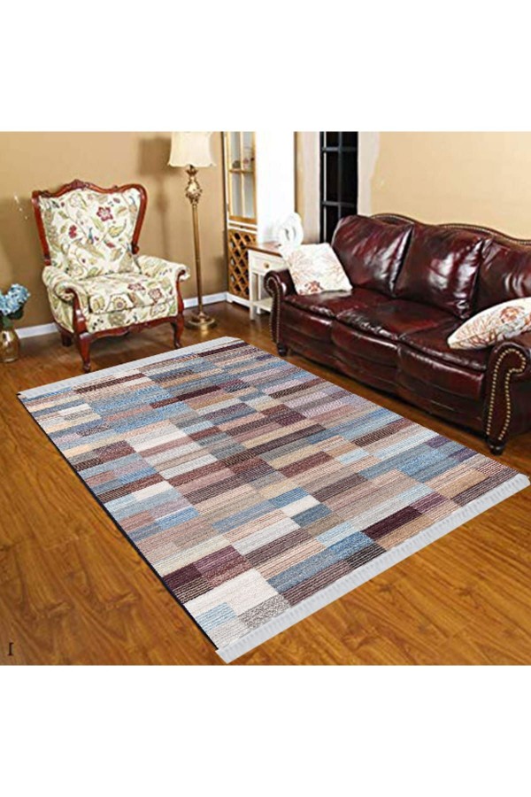 Else Mavi Kahverengi Krem Kutulu Geometrik Modern Dekoratif Yıkanabilir Püsküllü Kilim Else Mavi Kahverengi Krem Kutulu Geometrik Modern Dekoratif Yıkanabilir Püsküllü Kilim