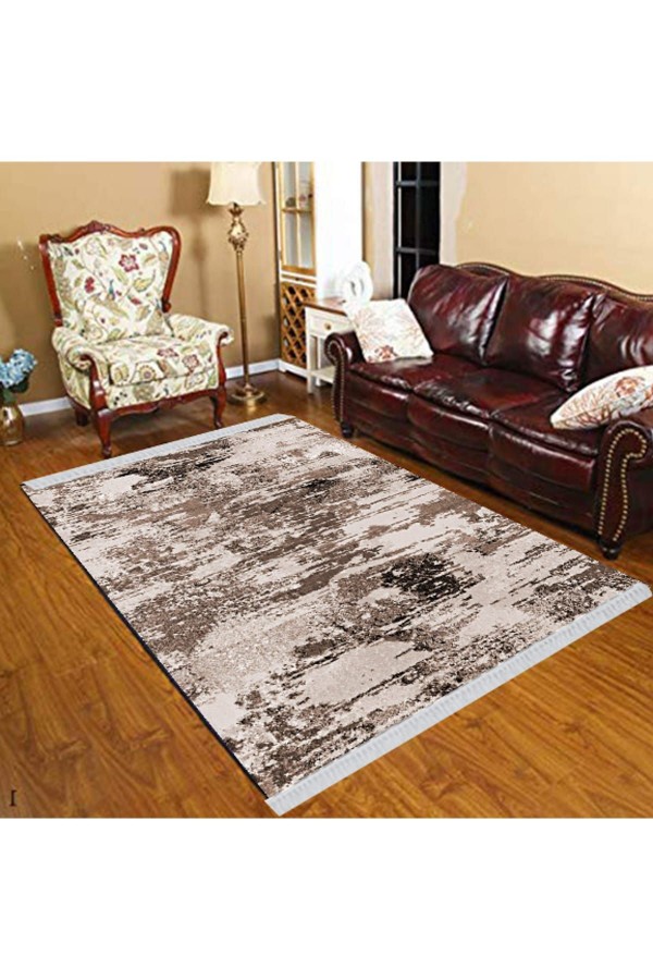 Else Krem Gri Siyah Eskitme Modern Dekoratif  Yıkanabilir Püsküllü Ince Kilim Halı