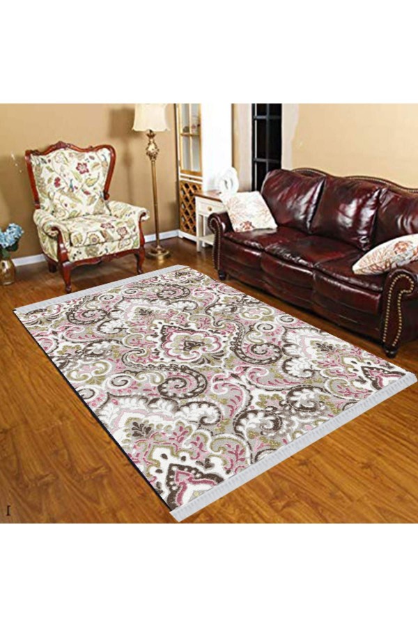 Else Pudra Kahverengi Gri Osmanlı Çiçek Motif Modern Dekoratif  Yıkanabilir Püsküllü Kilim