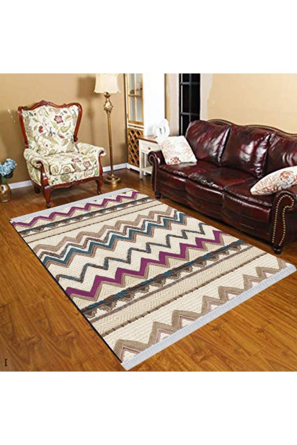 Else Mor Kahve Krem Zik Zak Çizgiler Geometrik Dekoratif Yıkanabilir Püsküllü Kilim Else Mor Kahve Krem Zik Zak Çizgiler Geometrik Dekoratif Yıkanabilir Püsküllü Kilim