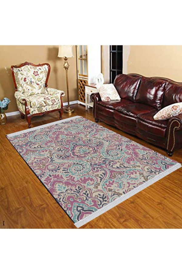 Else Mavi Bordo Kahverengi Turkmen Çiçek Modern Dekoratif  Yıkanabilir Püsküllü Ince Kilim