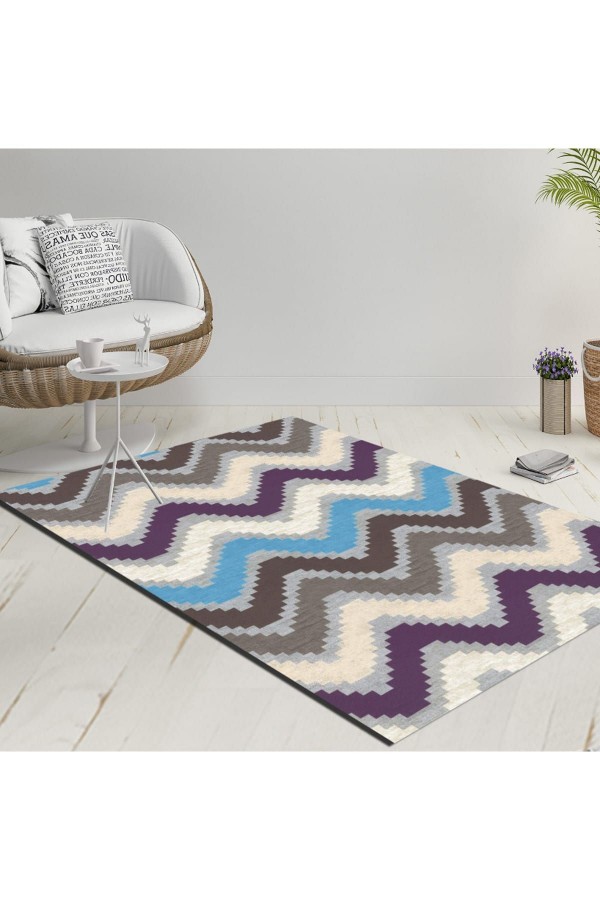 Else Mavi Mor Gri Geometrik Çizgiler Dekoratif Modern  Yıkanabilir  Ince Kilim Halı