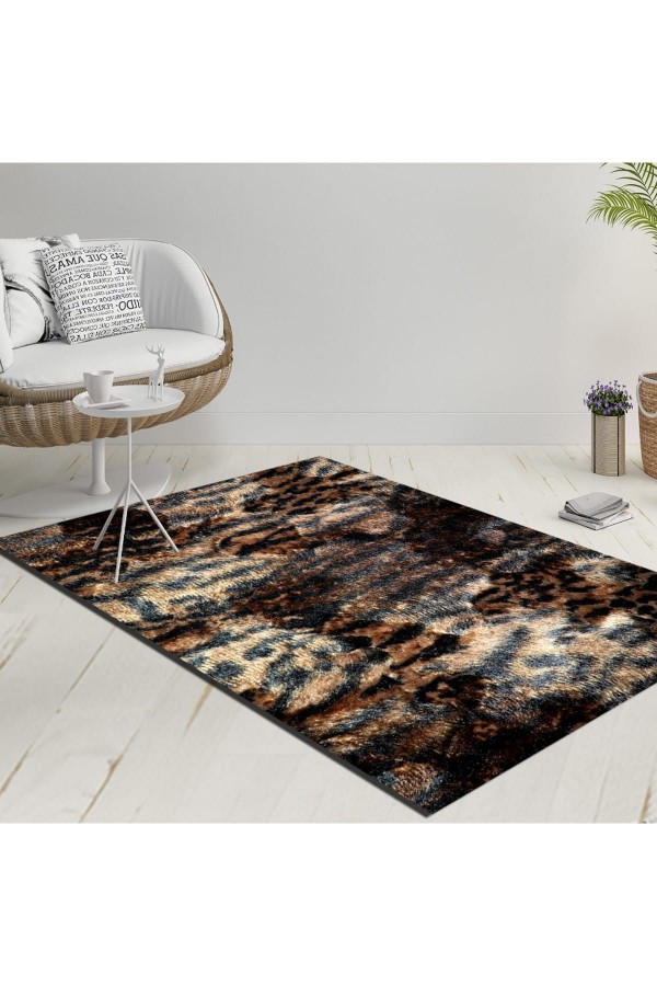 Else Kahverengi Sarı Siyah Leopar Desen Dekoratif Modern  Yıkanabilir  Ince Kilim Halı