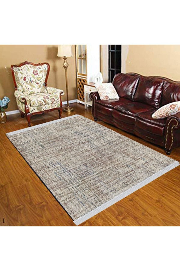 Else Krem Gri Çizgili Geometrik Modern Dekoratif  Yıkanabilir Püsküllü Ince Kilim Halı
