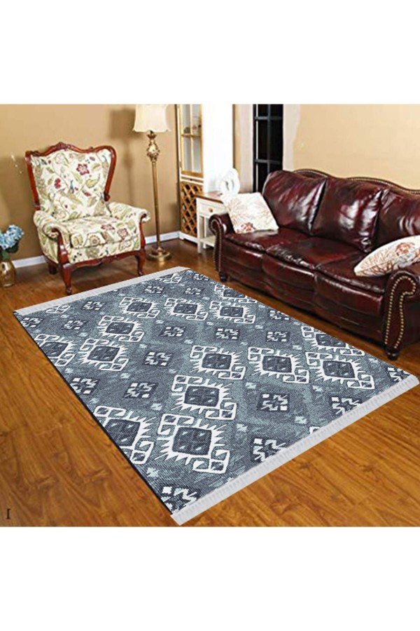 Else Gri Mavi Türkmen Motif Modern Dekoratif  Yıkanabilir Püsküllü Ince Kilim Halı