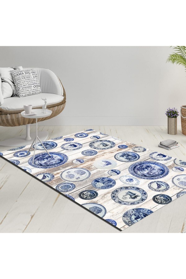Else Mavi Beyaz Gri Yuvarlak Etnik Desen Dekoratif Modern  Yıkanabilir  Ince Kilim Halı