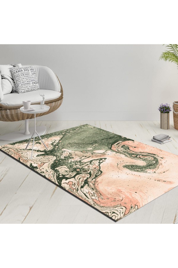 Else Pudra Pembe Yeşil Modern Dekoratif  Yıkanabilir  Ince Kilim Halı