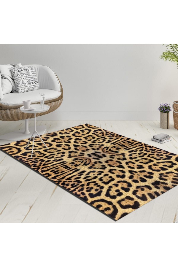 Else Sarı Siyah Leopar Kürk Motif Dekoratif Modern  Yıkanabilir  Ince Kilim Halı