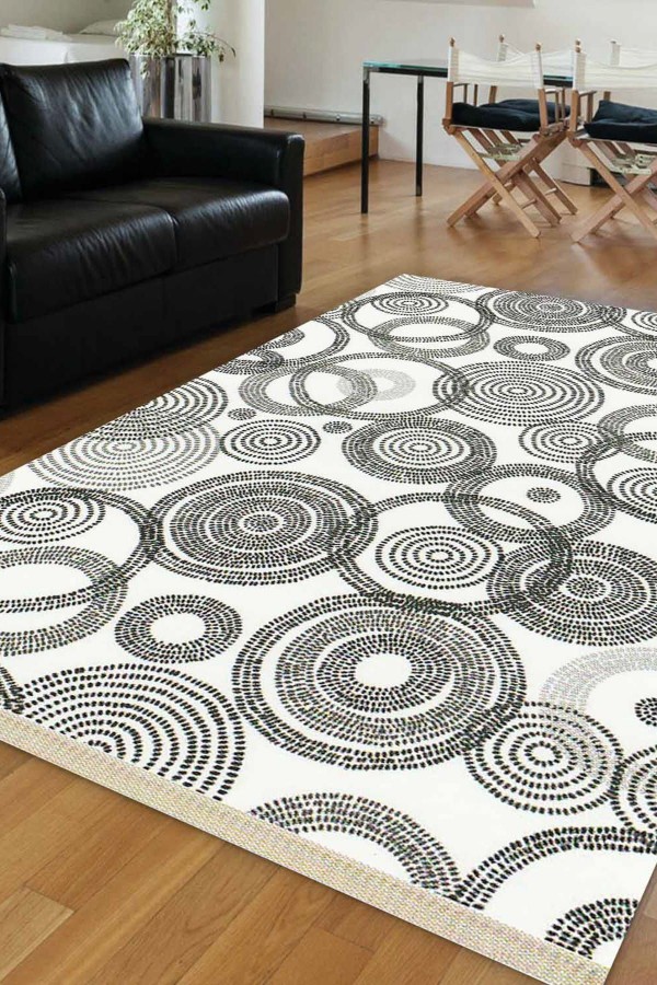 Else Siyah Beyaz Halkalı Klasik Dekoratif Saçaklı Ince Kilim Halı