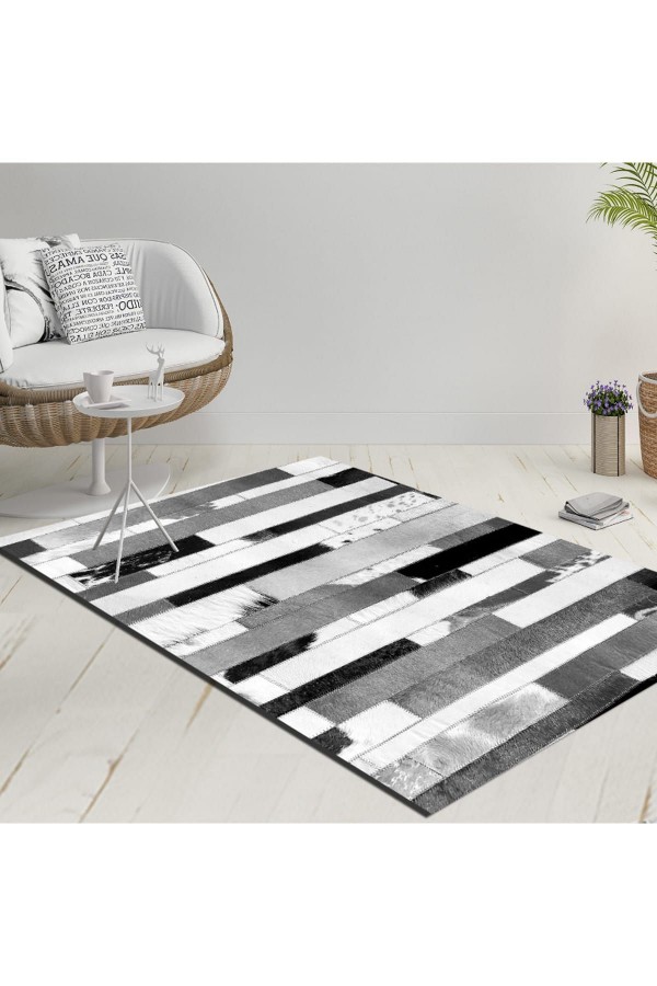 Else Siyah Gri Beyaz Geometrik Dekoratif Modern  Yıkanabilir  Ince Kilim Halı
