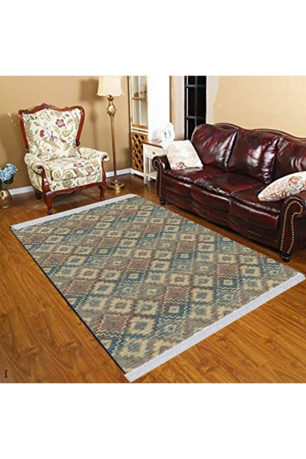 Else Kahverengi Mavi Gri Karolar Geometrik Modern Dekoratif  Yıkanabilir Püsküllü Kilim