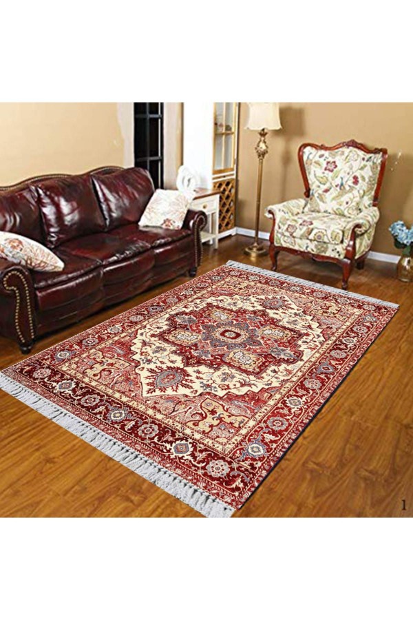 Else Kırmızı Bej Mavi Otantik Türkmen Klasik Dekoratif  Yıkanabilir Saçaklı Ince Kilim Halı