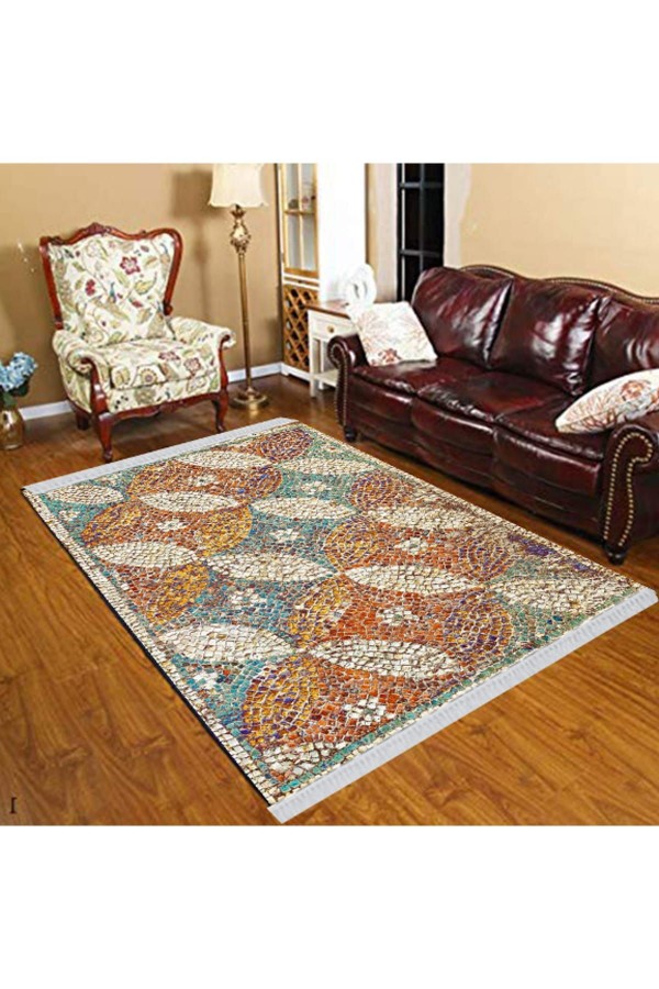 Else Turuncu Sarı Mavi Mozaik Taşlar Modern Dekoratif  Yıkanabilir Püsküllü Ince Kilim Halı