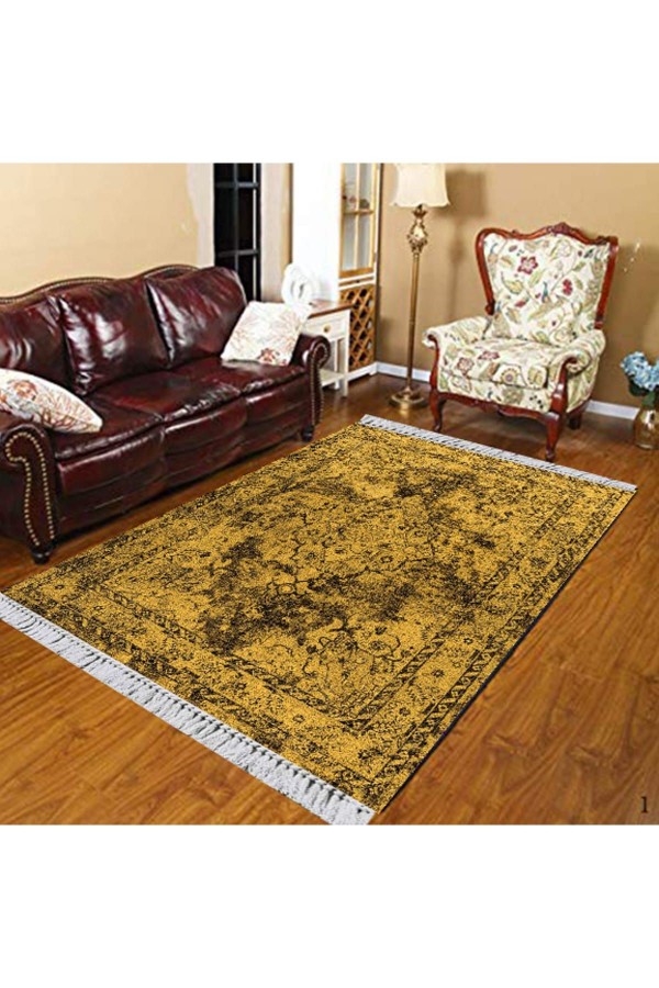 Else Sarı Siyah Vintage Otantik Klasik Dekoratif  Yıkanabilir Saçaklı Ince Kilim Halı