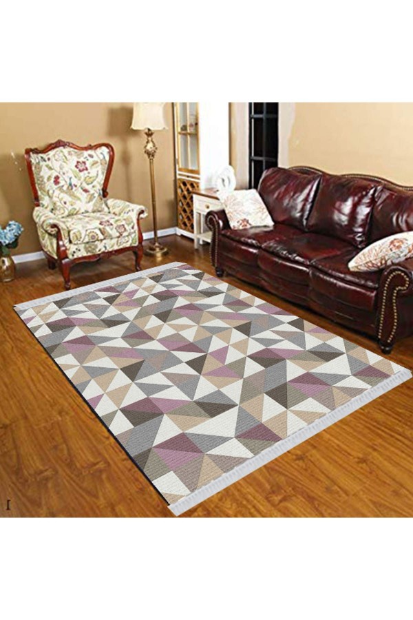 Else Pembe Gri Kahve Üçgenli Modern Dekoratif  Yıkanabilir Püsküllü Ince Kilim Halı