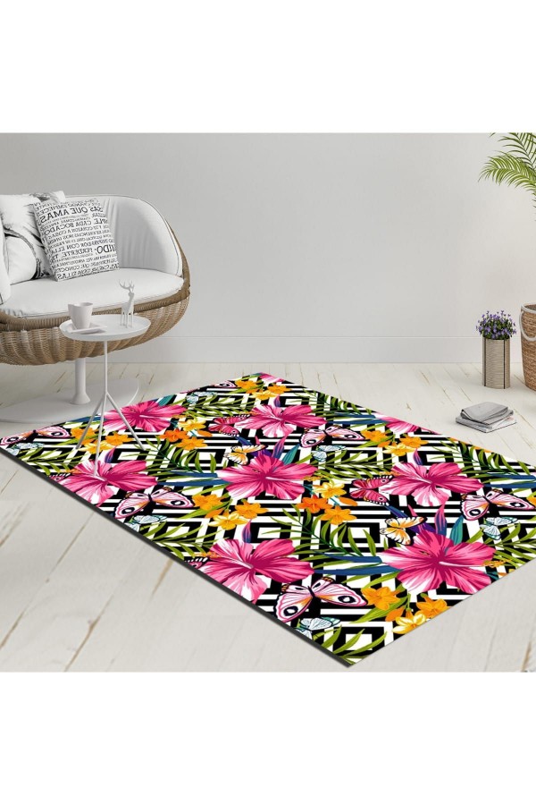 Else Pembe Sarı Çiçekler Siyah Beyaz Geometrik Karo Dekoratif Modern Yıkanabilir Kilim Else Pembe Sarı Çiçekler Siyah Beyaz Geometrik Karo Dekoratif Modern Yıkanabilir Kilim