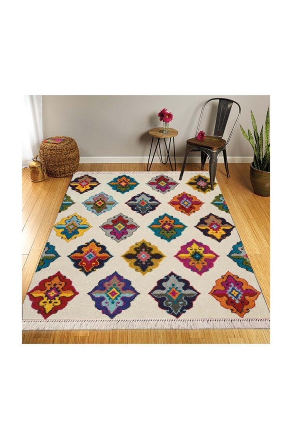 Else Retro Şönil Desenli Modern Püsküllü Kilim Halı 13