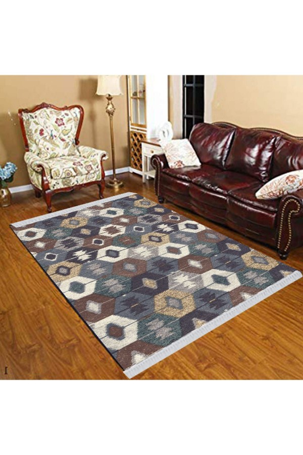 Else Mavi Kahve Sarı Geometrik Türkmen Motif Modern Dekoratif  Yıkanabilir Püsküllü Kilim