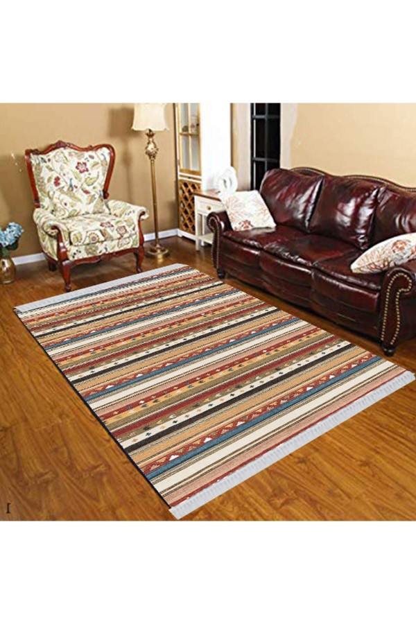 Else Kahve Gri Kırmızı Çizgili Geometrik Modern Dekoratif  Yıkanabilir Püsküllü Ince Kilim