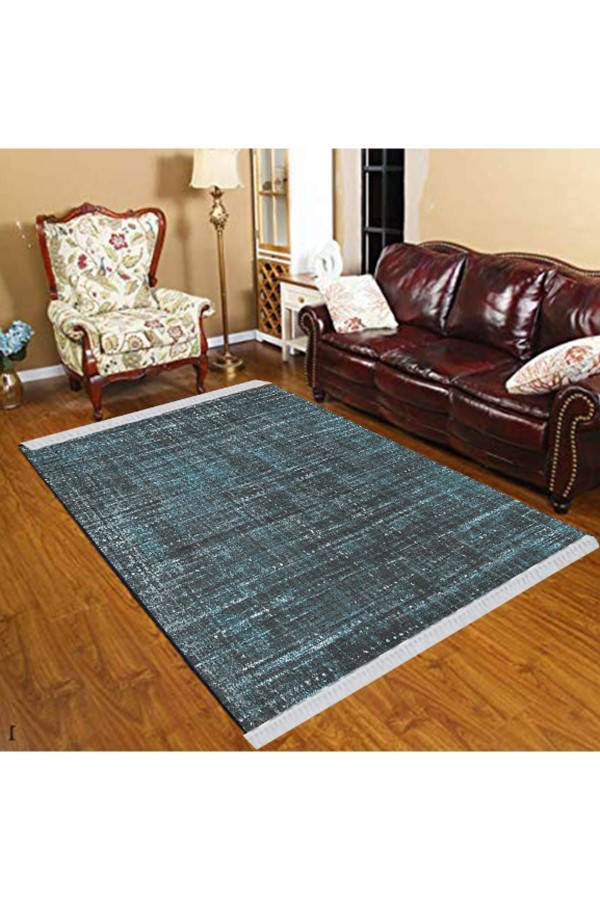 Else Mavi Siyah Çizgiler Geometrik Modern Dekoratif  Yıkanabilir Püsküllü Ince Kilim Halı