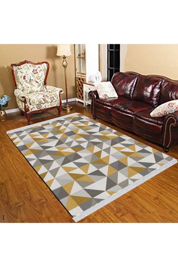 Else Sarı Kahve Gri Üçgen Geometrik Modern Dekoratif  Yıkanabilir Püsküllü Ince Kilim Halı
