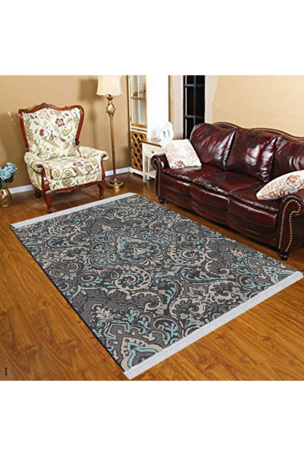 Else Retro Yeşil Osmanlı Çiçek Motif Modern Dekoratif  Yıkanabilir Püsküllü Ince Kilim Halı