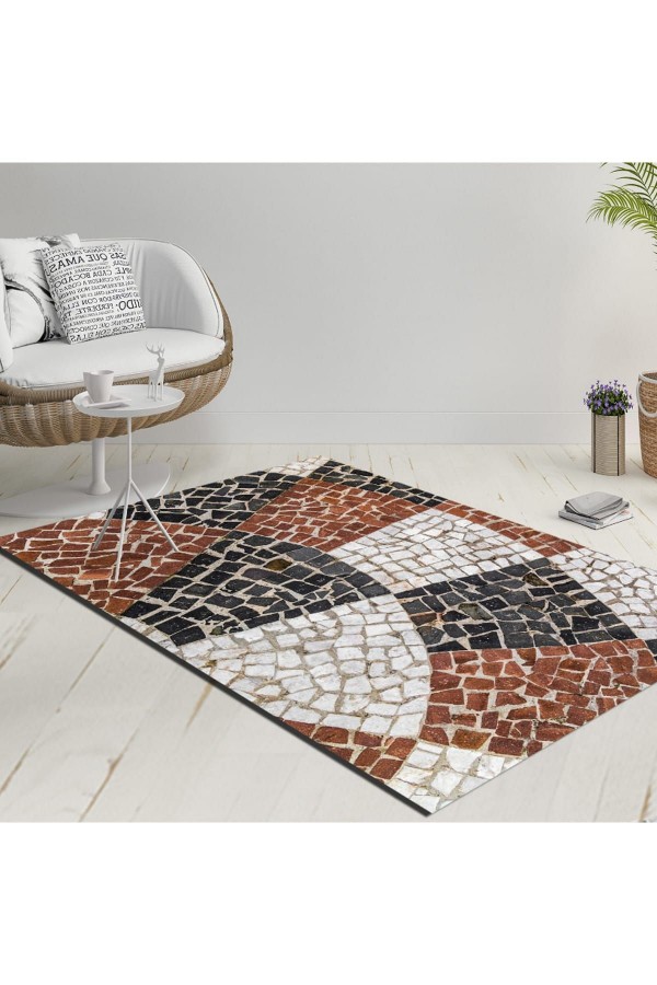 Else Mavi Kahverengi Çatlak Mozaik Mermer Dekoratif  Yıkanabilir  Ince Kilim Halı