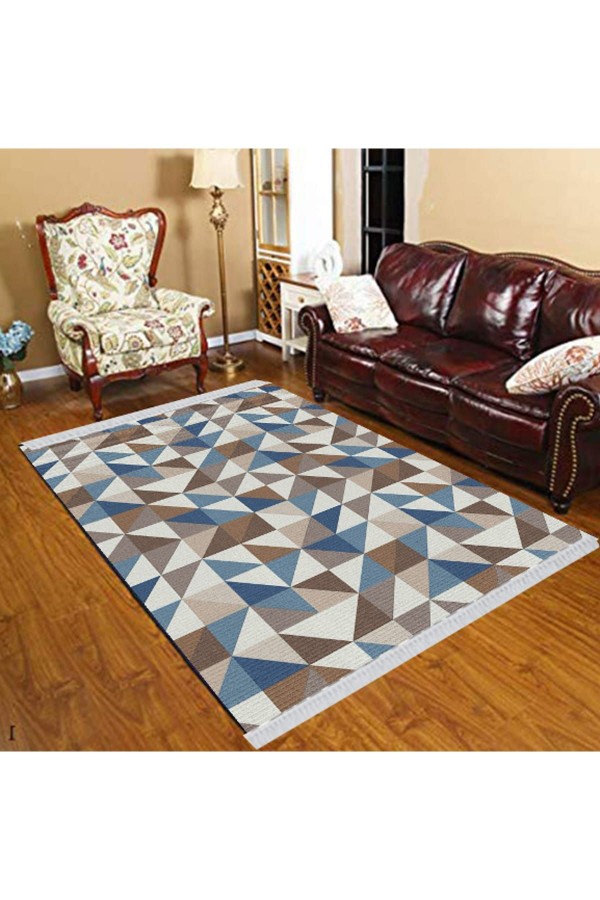 Else Kahve Gri Mavi Üçgenli Modern Dekoratif  Yıkanabilir Püsküllü Ince Kilim Halı