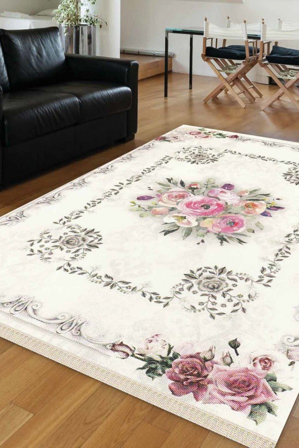 120X180 Else Beyaz Vintage Güller Dekoratif Saçaklı Ince Kilim Halı Else Beyaz Vintage Güller Dekoratif Saçaklı Ince Kilim Halı