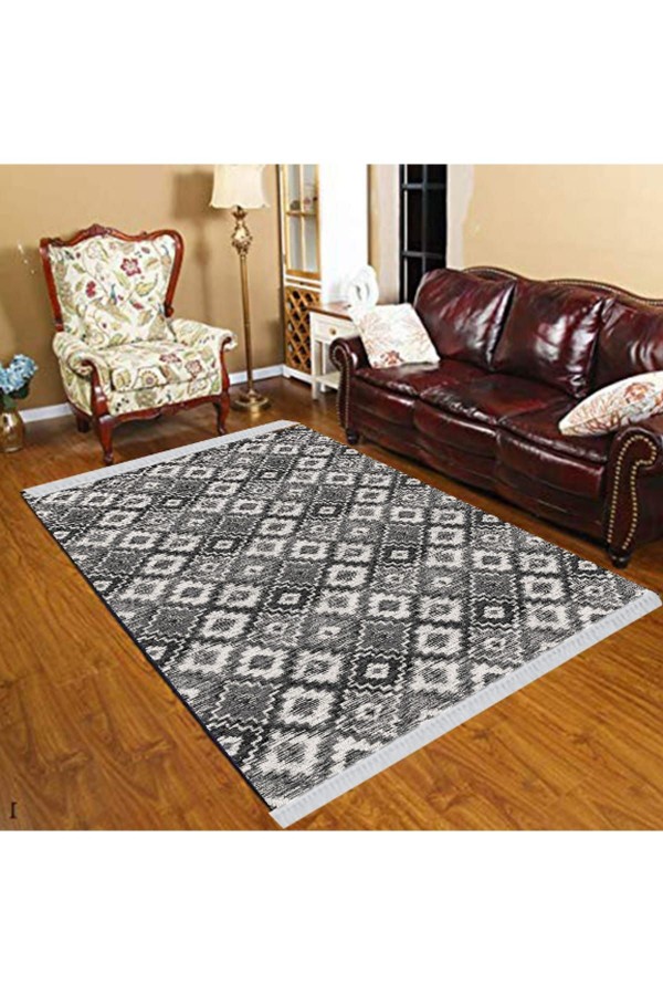 Else Gri Siyah Beyaz Karolar Geometrik Modern Dekoratif  Yıkanabilir Püsküllü Ince Kilim
