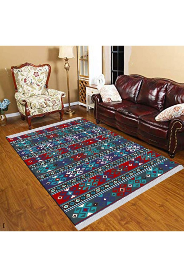 Else Mavi Yeşil Kırmızı Etnik Desen Modern Dekoratif  Yıkanabilir Püsküllü Ince Kilim Halı