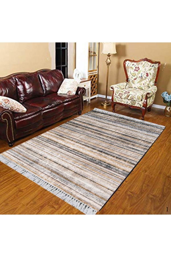 Else Kahverengi Siyah Bej Çizgiler Geometrik Klasik Dekoratif  Yıkanabilir Saçaklı Kilim