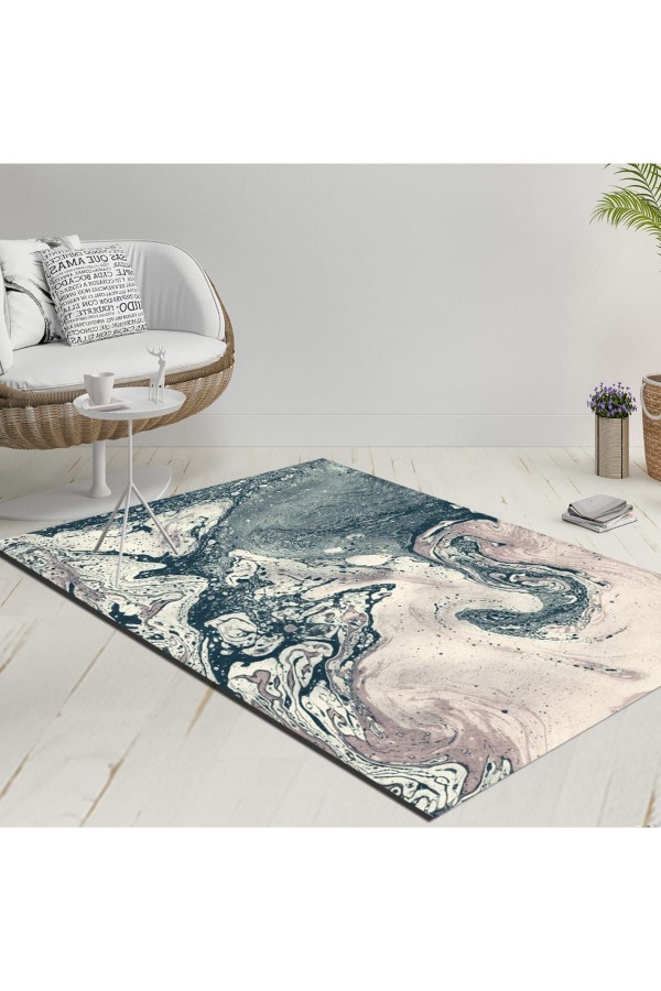 Else Gri Mavi Karışık Sulu Boya  Modern Dekoratif  Yıkanabilir  Ince Kilim Halı