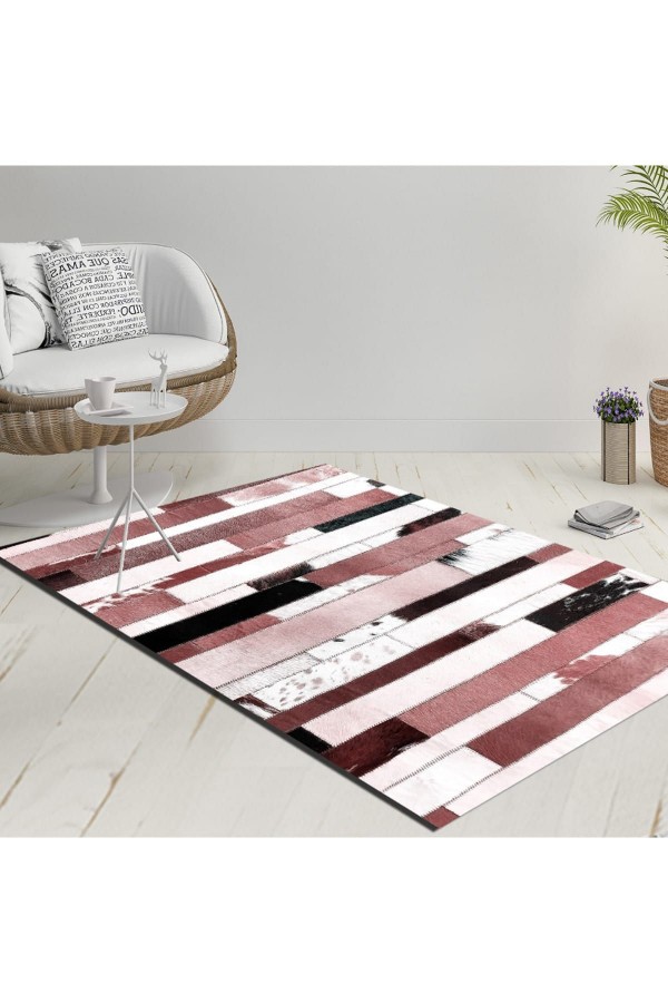 Else Pembe Siyah Mor Çizgili Geometrik Dekoratif Modern  Yıkanabilir  Ince Kilim Halı