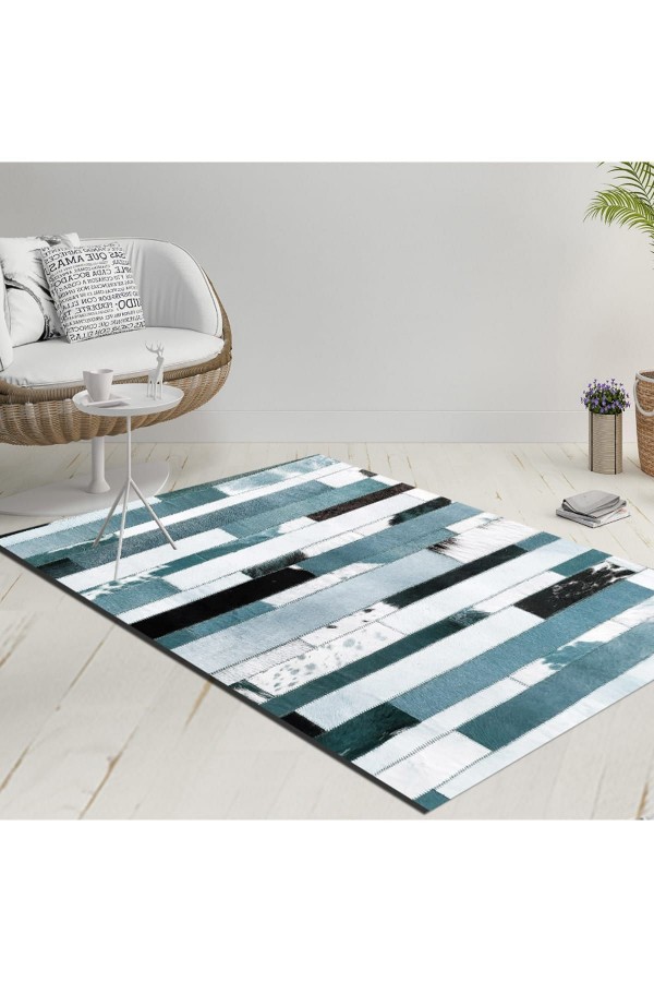 Else Mavi Beyaz Lacivert Geometrik Dekoratif Modern  Yıkanabilir  Ince Kilim Halı