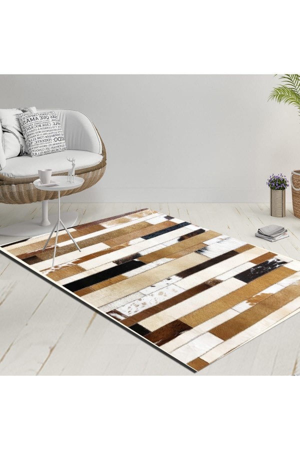 Else Kahverengi Krem Siyah Kalın Çizgiler Dekoratif Modern  Yıkanabilir  Ince Kilim Halı