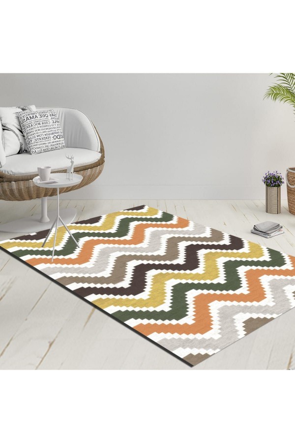 Else Gri Turuncu Yeşil Sarı Çizgiler Dekoratif Modern  Yıkanabilir  Ince Kilim Halı