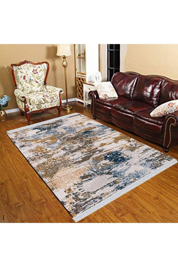 Else Kahverengi Mavi Gri Eskitme Boyalar  Modern Dekoratif  Yıkanabilir Püsküllü Kilim