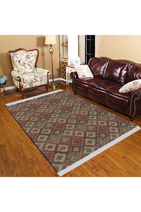 Else Kahverengi Bordo Karolar Geometrik Modern Dekoratif  Yıkanabilir Püsküllü Ince Kilim