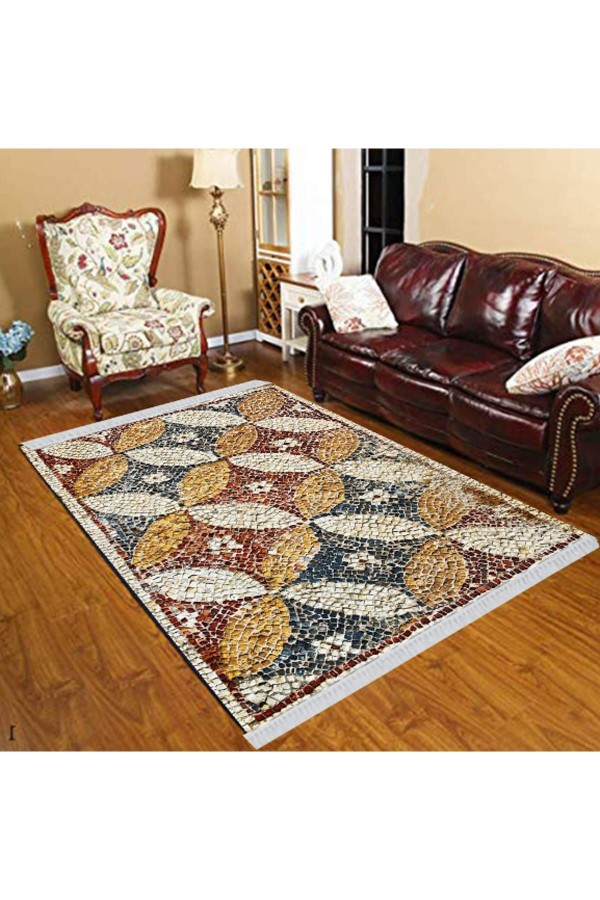 Else Kırmızı Sarı Yeşil Mozaik Taşlar Modern Dekoratif  Yıkanabilir Püsküllü Ince Kilim