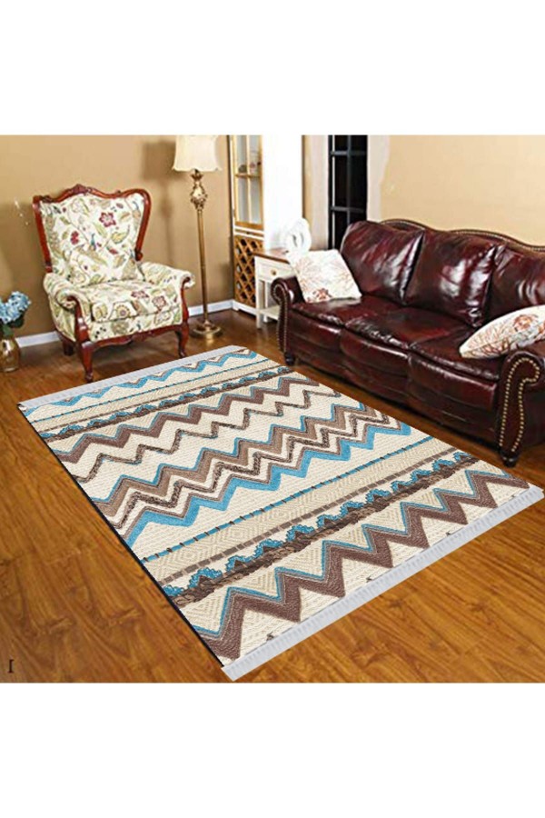 Else Mavi Kahve Krem Zik Zak Çizgiler Geometrik Dekoratif Yıkanabilir Püsküllü Kilim Else Mavi Kahve Krem Zik Zak Çizgiler Geometrik Dekoratif Yıkanabilir Püsküllü Kilim