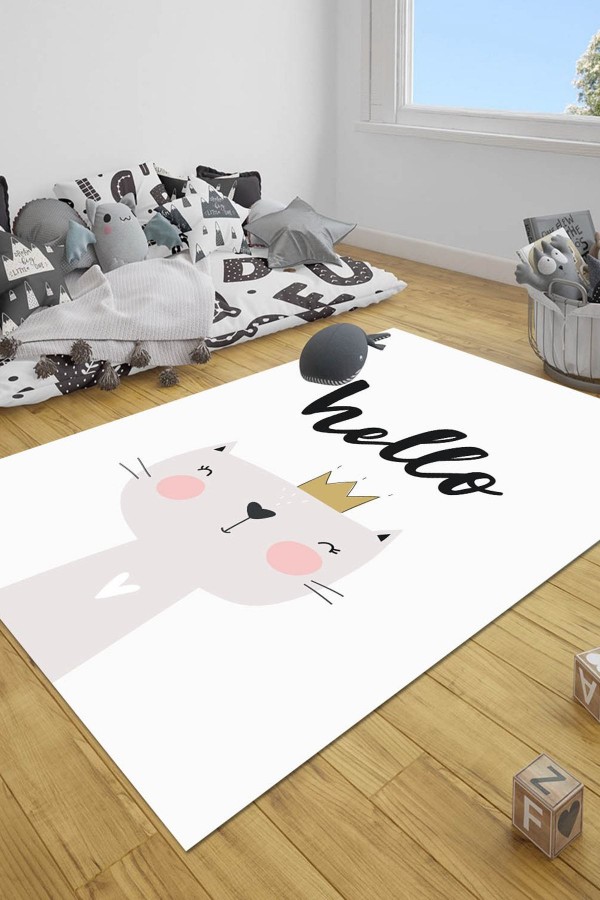 Else Gri Sevimli Kedi İskandinav Desenli Çocuk Halısı